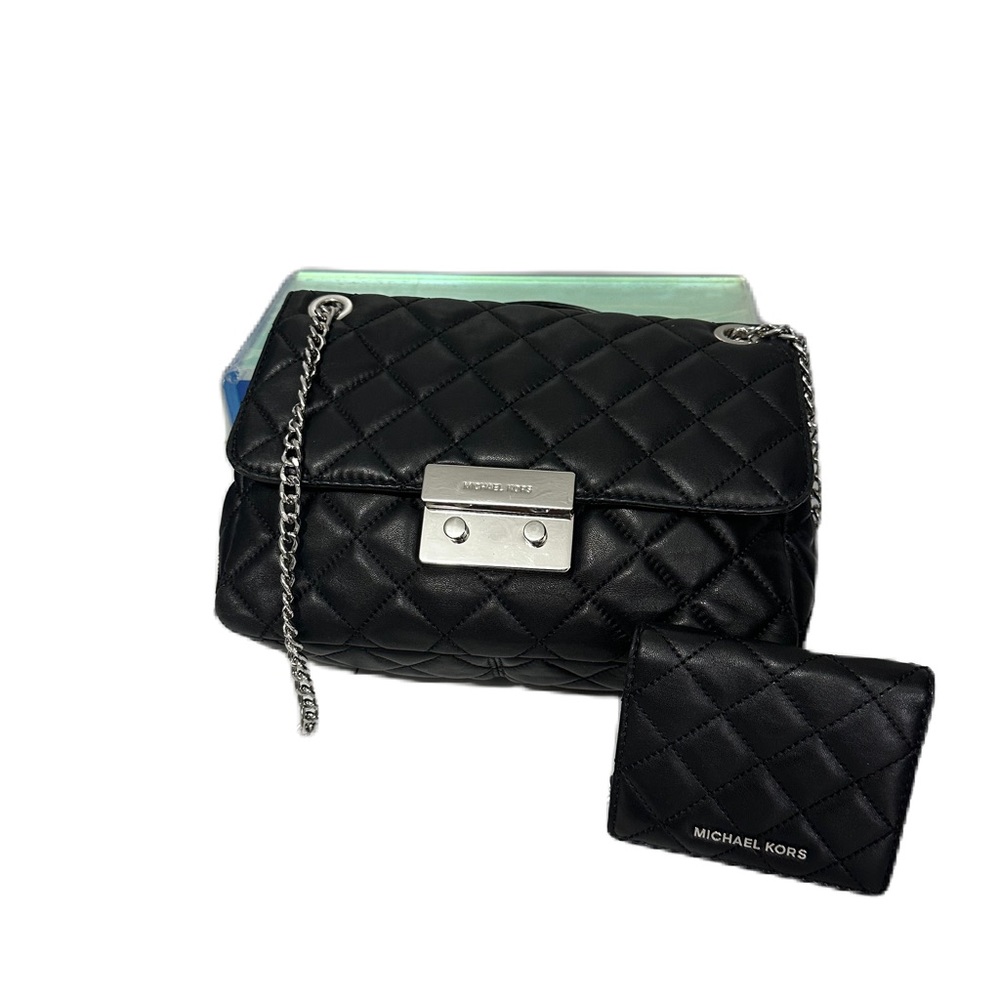 Michael Kors Black Quilted Leather Crossbody Bag with Matching Card Case